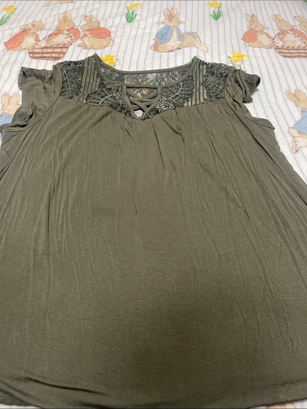 No Boundaries Olive Green Crochet Yoke Short Sleeve Top